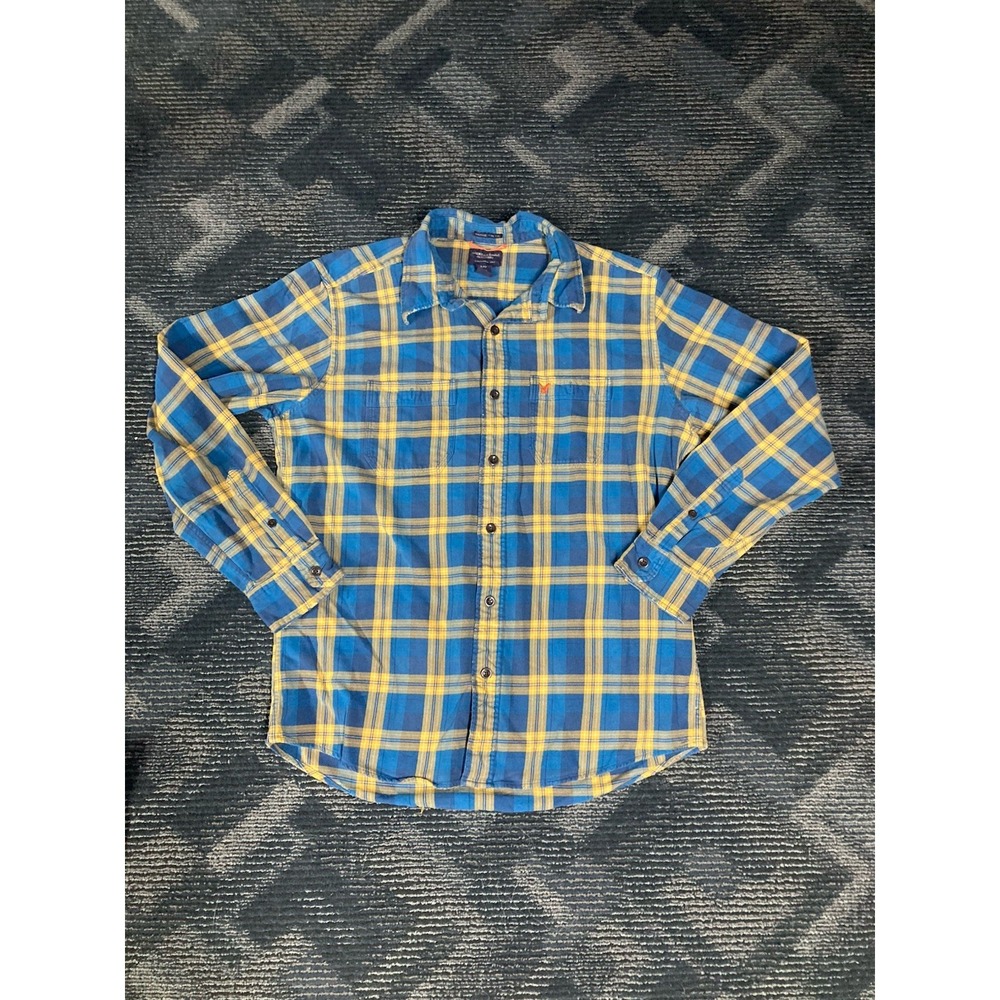 Vintage American‎ Eagle Shirt Adult Mens L Blue Yellow Plaid Flannel Button Up